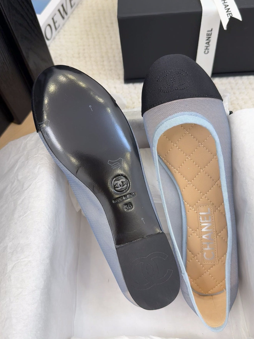 CHANEL BALLET FLAT IN BLACK FABRIC AND BABY BLUE MESH