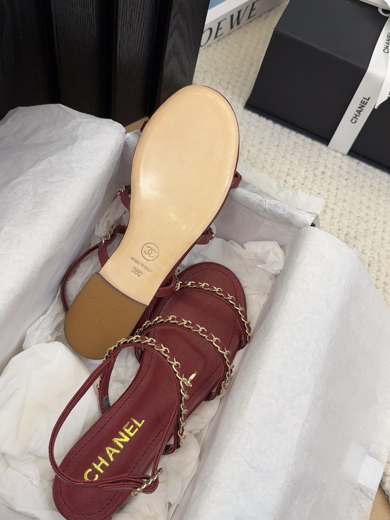 CHANEL THREE-STRAPS SANDALS IN JAM RED CALFSKIN WITH GOLD HARDWARE
