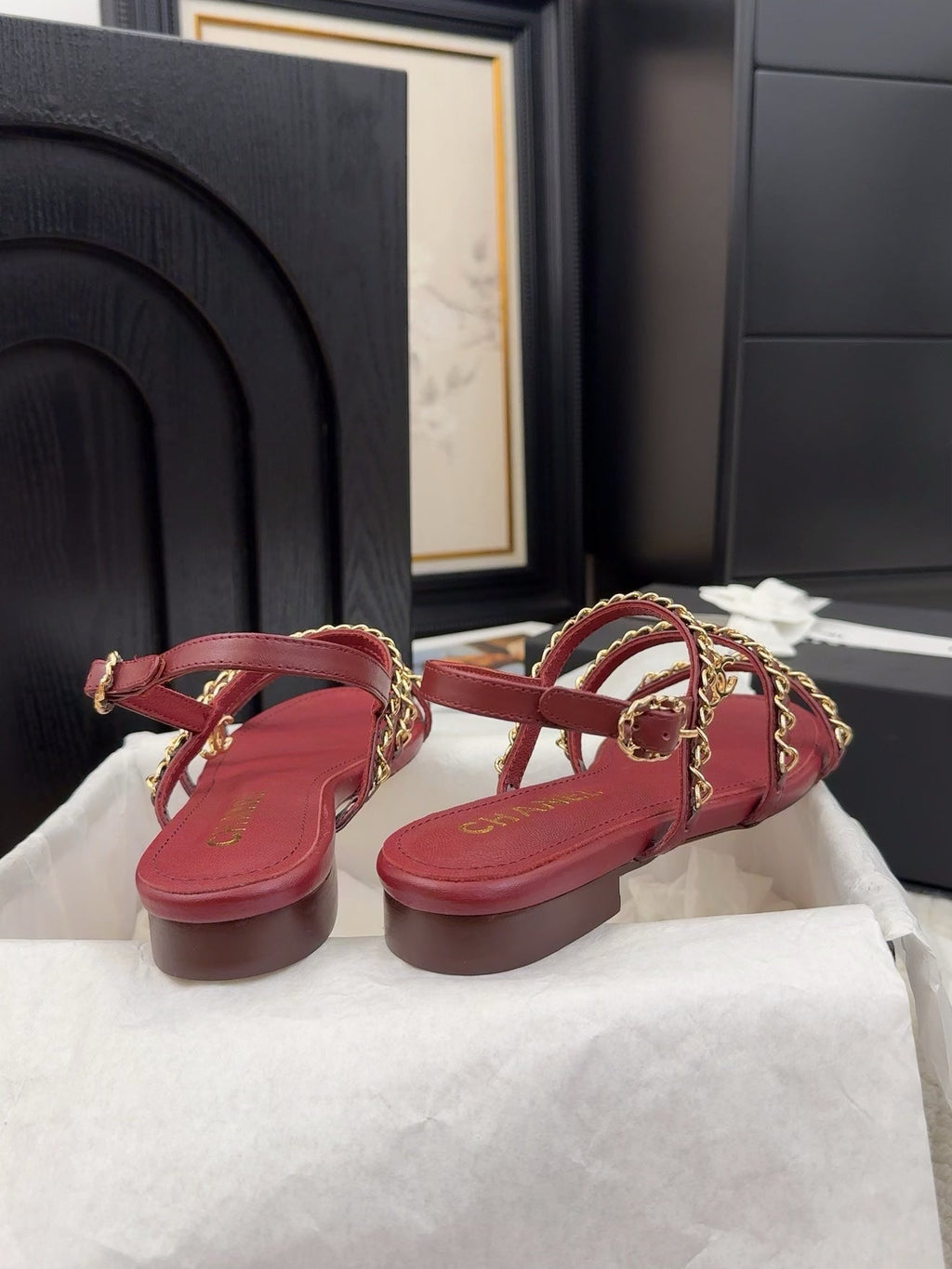 CHANEL THREE-STRAPS SANDALS IN JAM RED CALFSKIN WITH GOLD HARDWARE