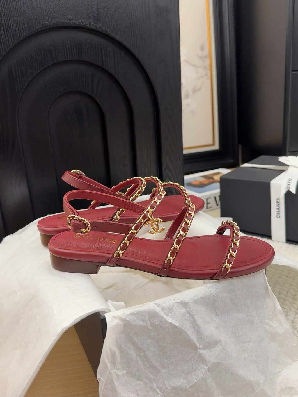 CHANEL THREE-STRAPS SANDALS IN JAM RED CALFSKIN WITH GOLD HARDWARE