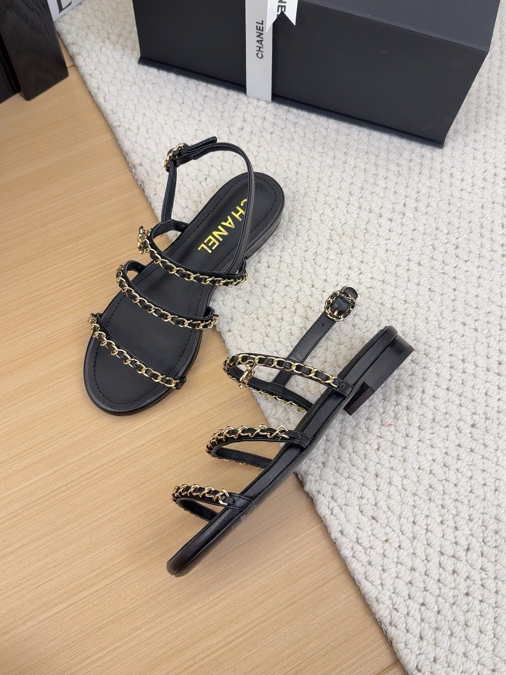 CHANEL THREE-STRAPS SANDALS IN BLACK CALFSKIN WITH GOLD HARDWARE