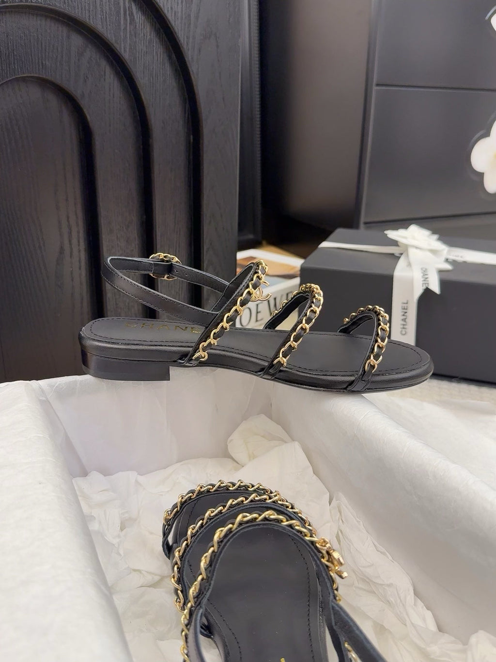 CHANEL THREE-STRAPS SANDALS IN BLACK CALFSKIN WITH GOLD HARDWARE