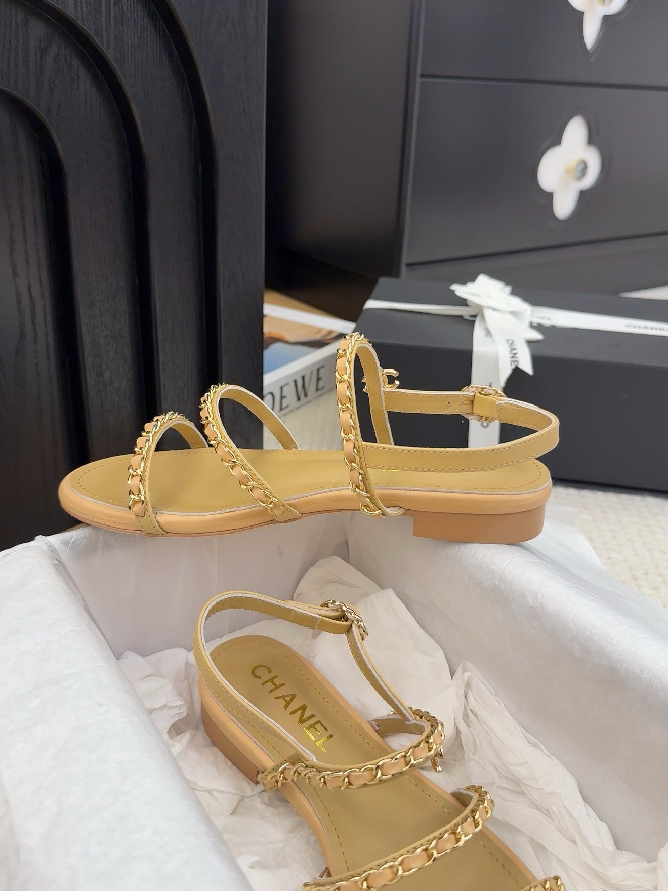 CHANEL THREE-STRAPS SANDALS IN SAND YELLOW CALFSKIN WITH GOLD HARDWARE