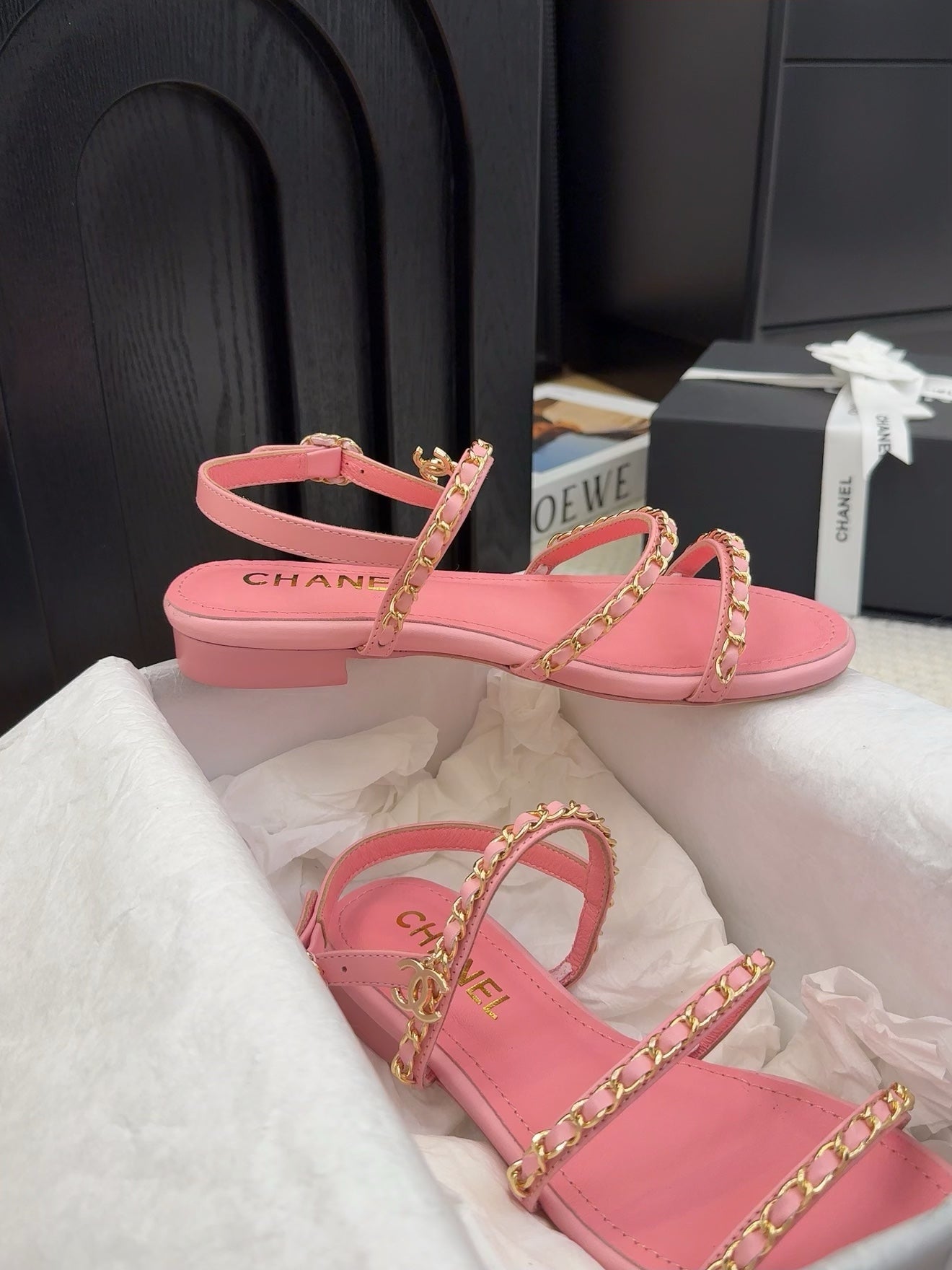 CHANEL THREE-STRAPS SANDALS IN FLAMINGO PINK CALFSKIN WITH GOLD HARDWARE