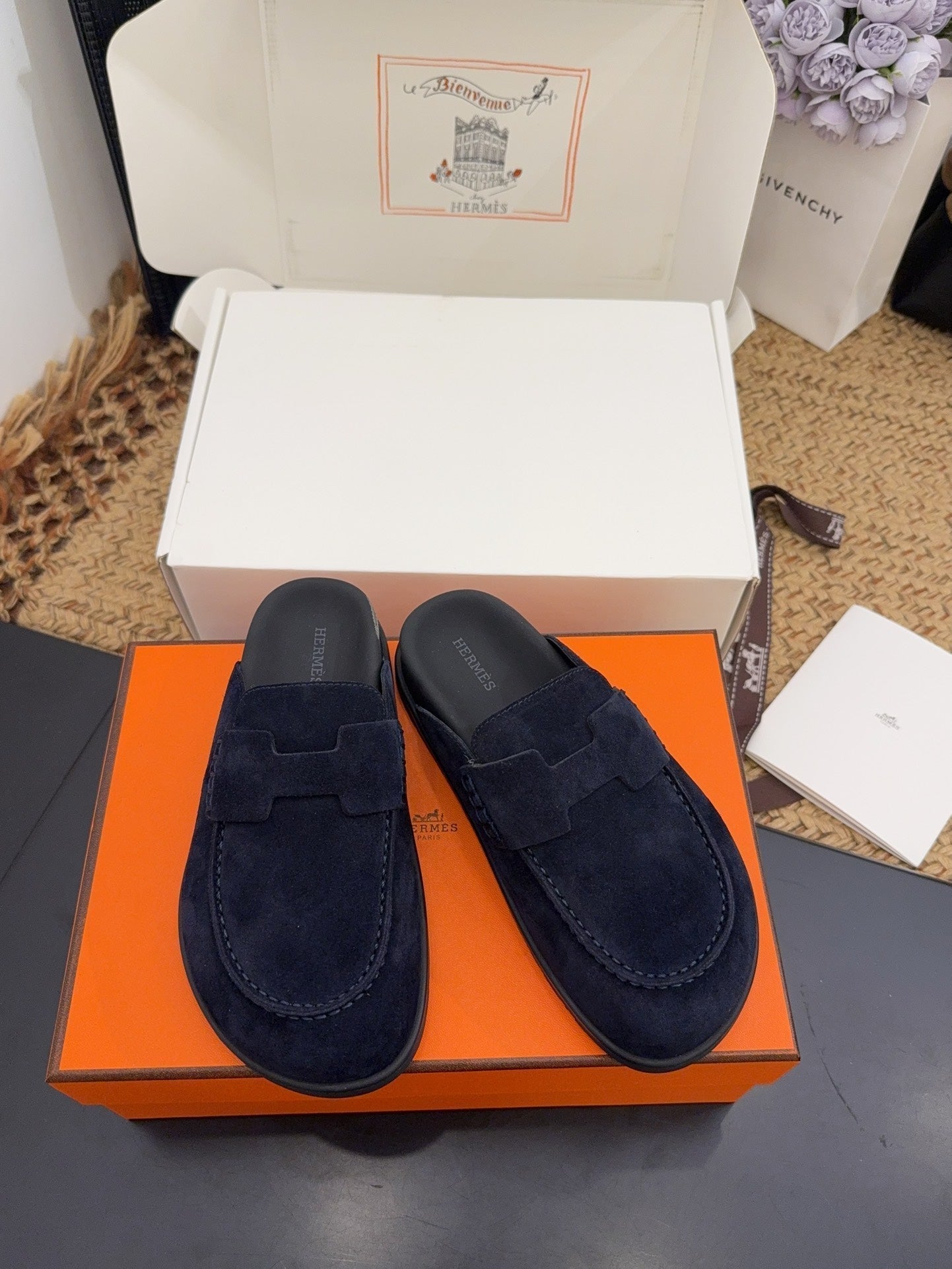 HERMES 25S MULE IN DARK SLATE BLUE SUEDE