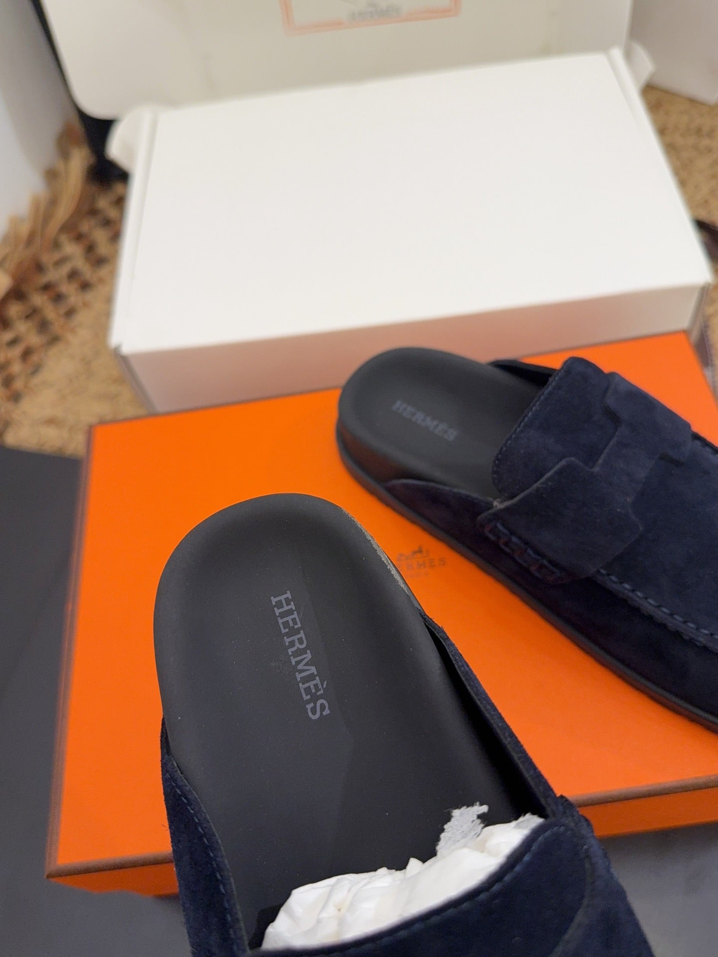 HERMES 25S MULE IN DARK SLATE BLUE SUEDE