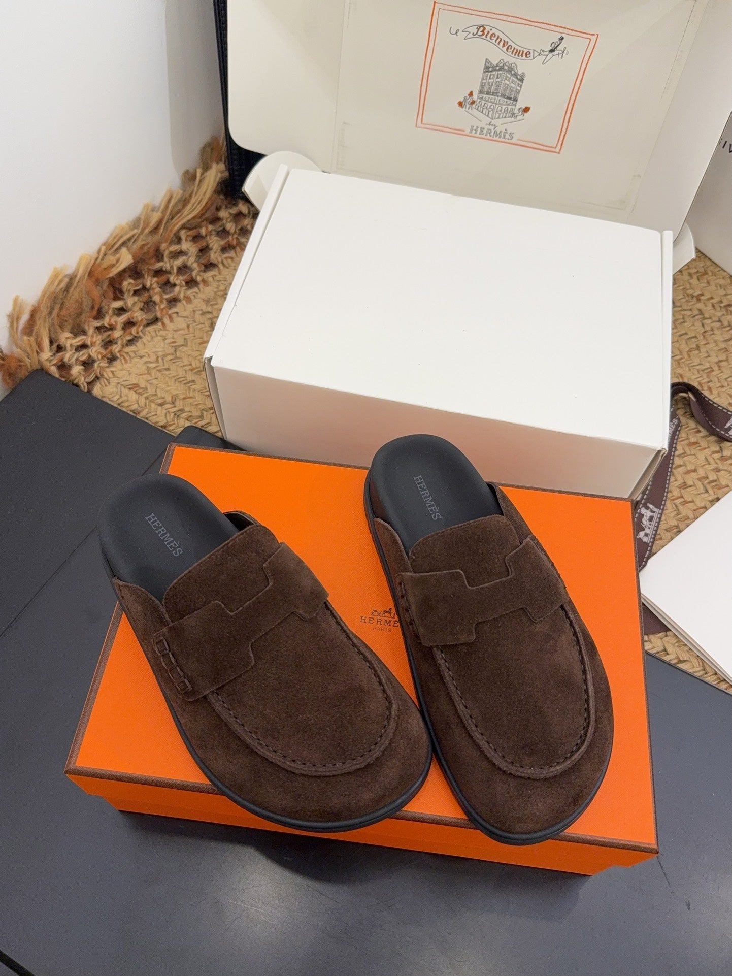 HERMES 25S MULE IN DARK BROWN SUEDE