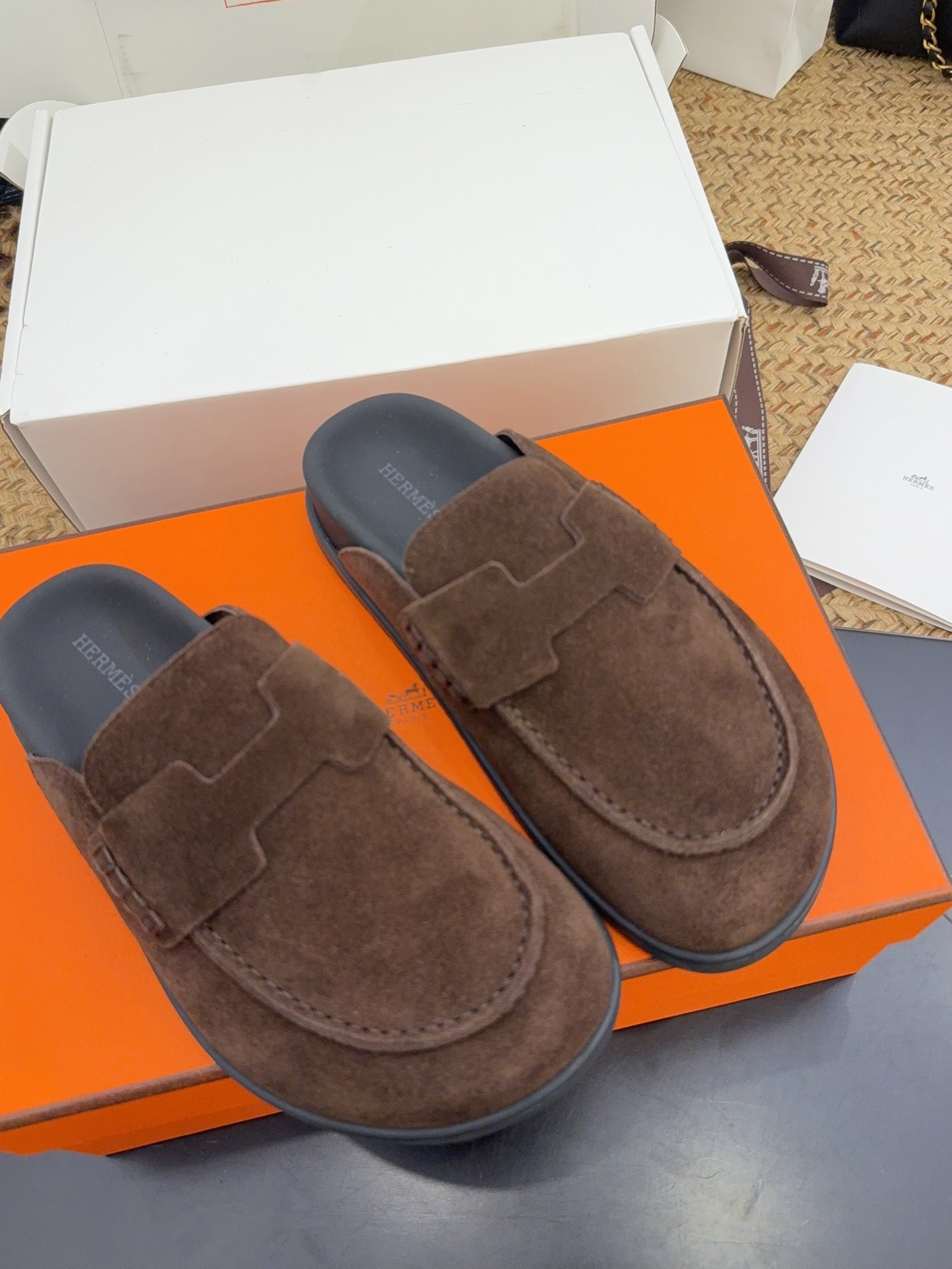 HERMES 25S MULE IN DARK BROWN SUEDE
