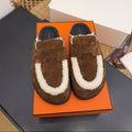 HERMES 25S MULE IN DARK BROWN SUEDE MIX SHEARLING