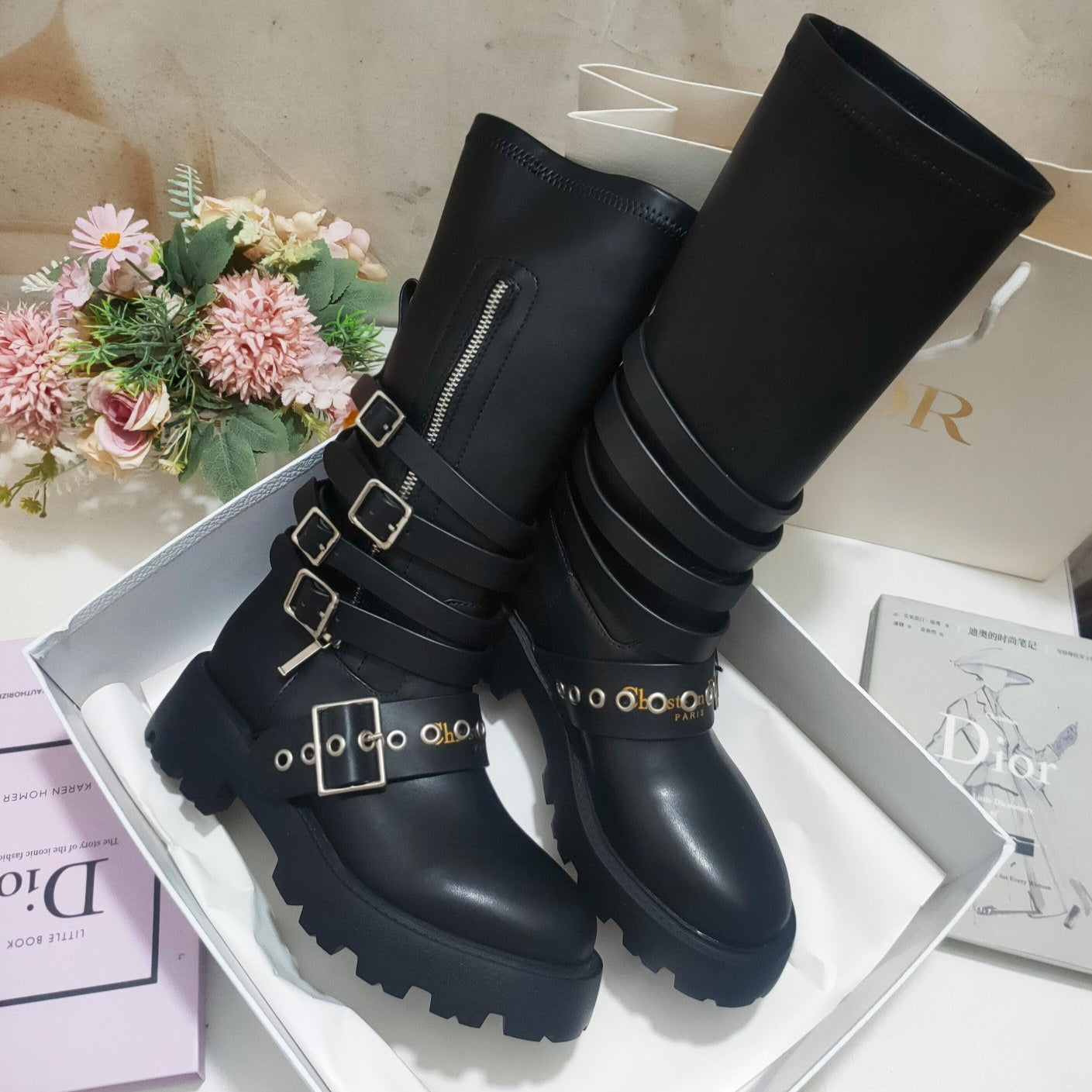 DIOR CD ZIPPER BUCKLE BOOTS IN BLACK CALFSKIN