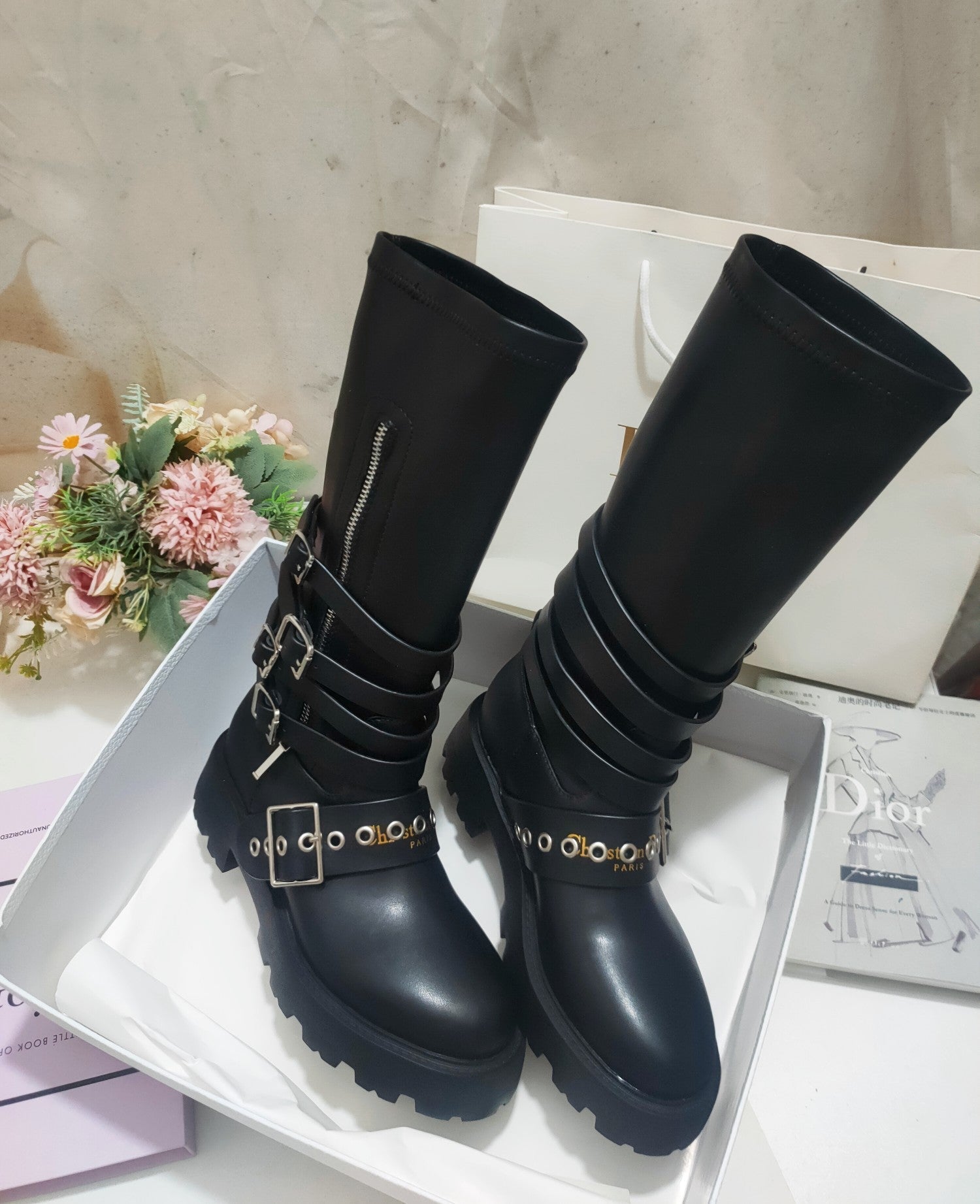 DIOR CD ZIPPER BUCKLE BOOTS IN BLACK CALFSKIN