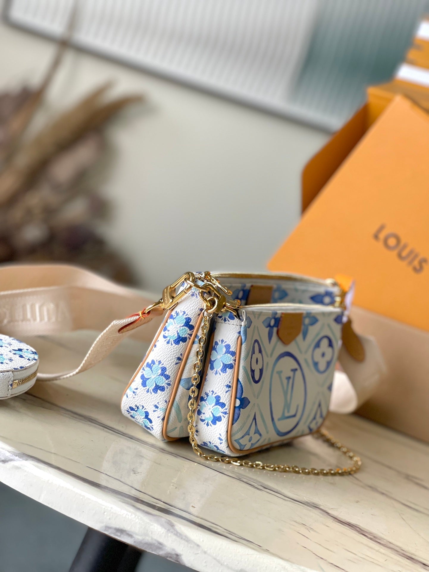 LOUIS VUITTON MULTI POCHETTE ACCESSOIRES 24 IN LAGOON BLUE MONOGRAM TILES CANVAS GOLD HARDWARE