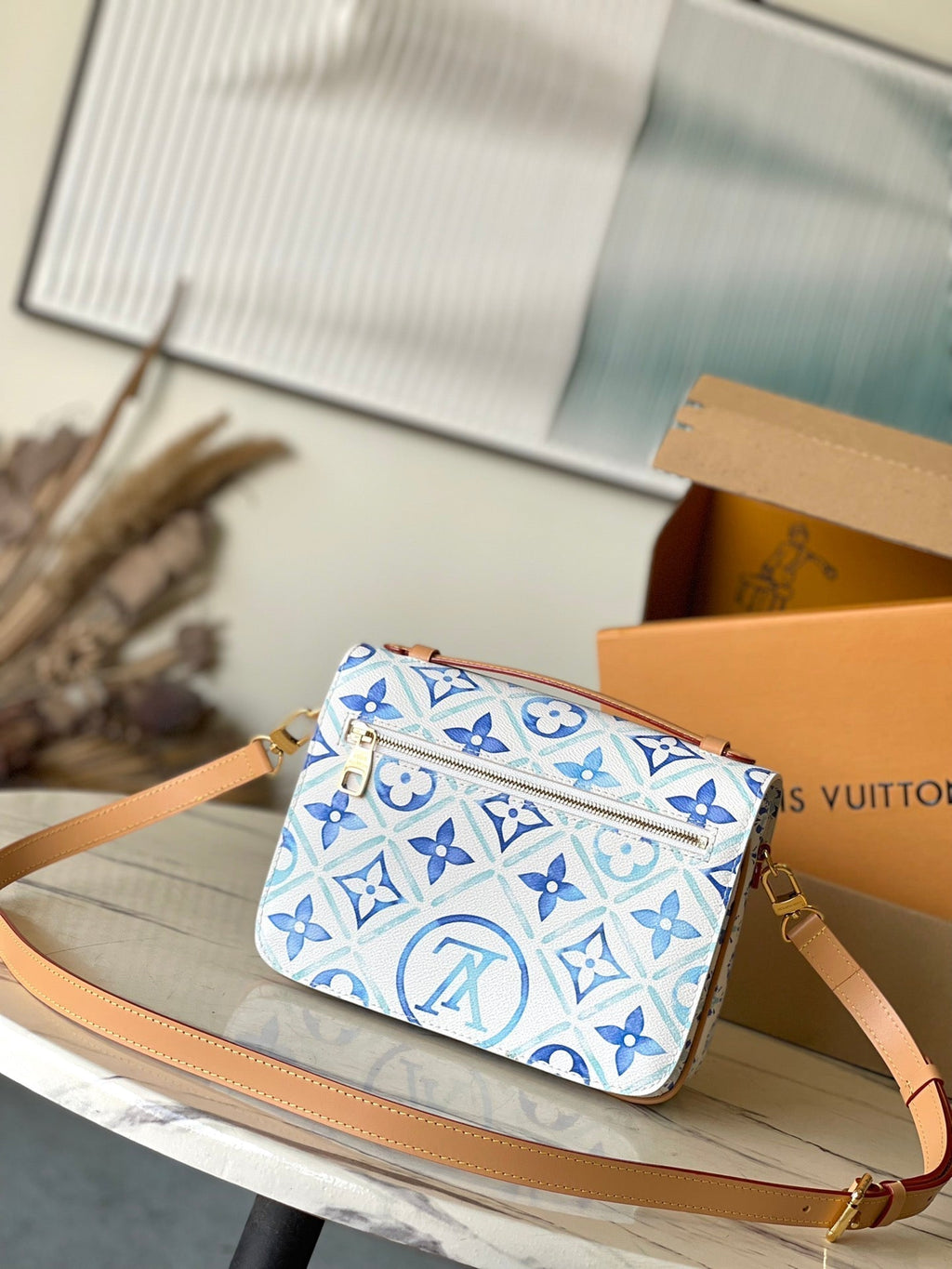 LOUIS VUITTON POCHETTE MÉTIS 25 IN LAGOON BLUE MONOGRAM TILES CANVAS GOLD HARDWARE
