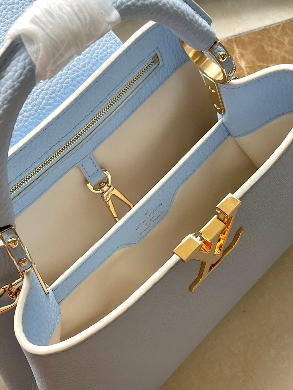 LOUIS VUITTON CAPUCINES BB 26 IN CANDY BLUE TAURILLON GOLD HARDWARE