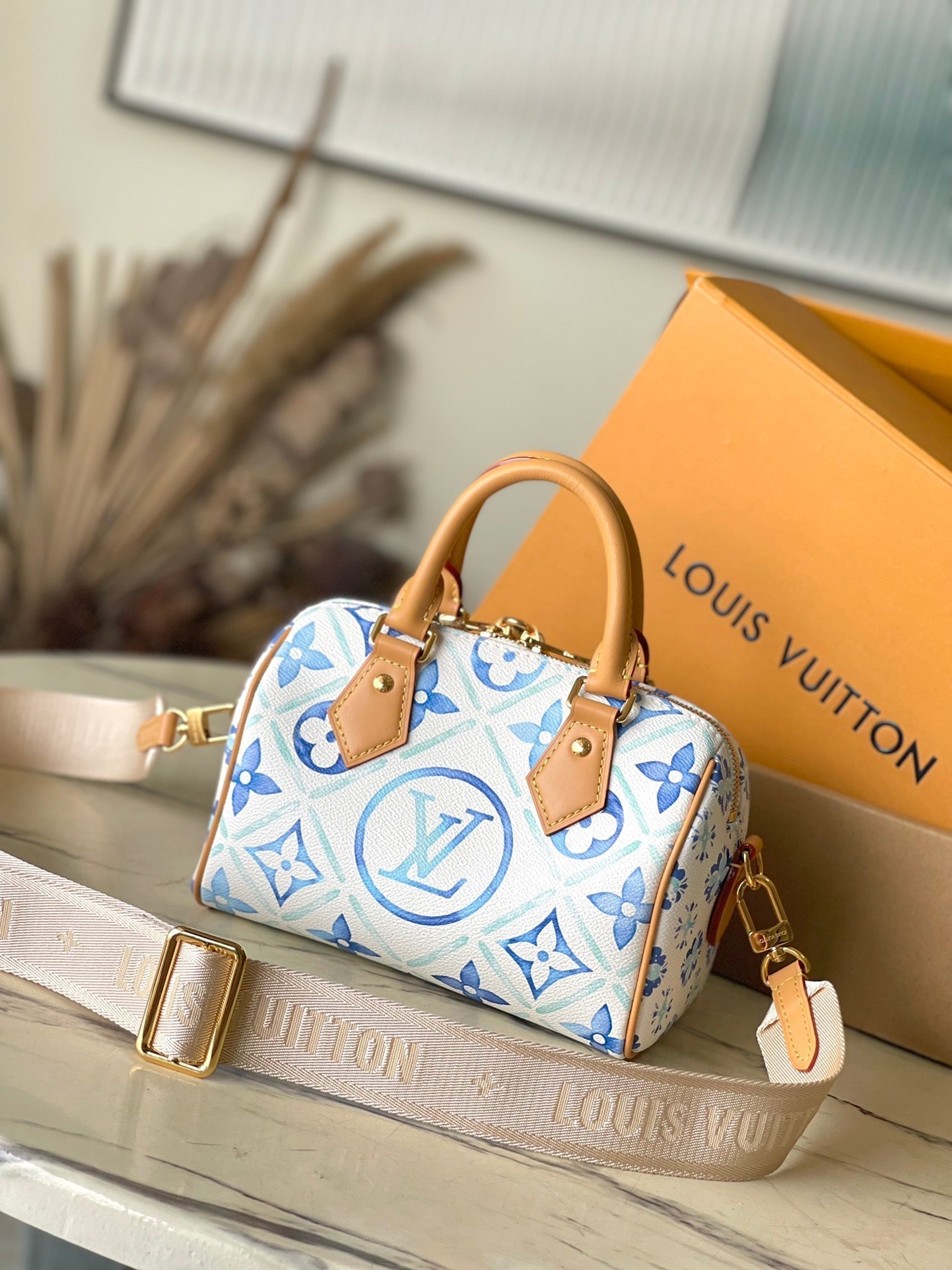 LOUIS VUITTON SPEEDY BANDOULIÈRE 20 IN LAGOON BLUE MONOGRAM TILES CANVAS GOLD BUCKLE