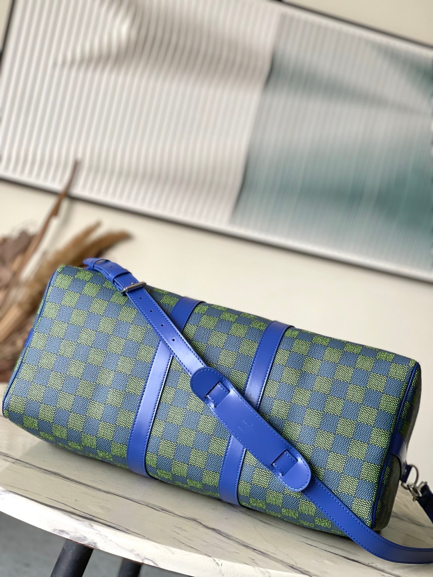 LOUIS VUITTON KEEPALL BANDOULIÈRE 45 IN BLUE GREEN DAMIER HERITAGE COATED CANVAS