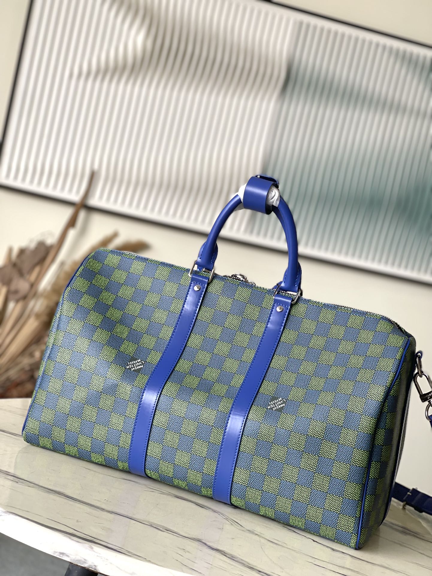 LOUIS VUITTON KEEPALL BANDOULIÈRE 45 IN BLUE GREEN DAMIER HERITAGE COATED CANVAS