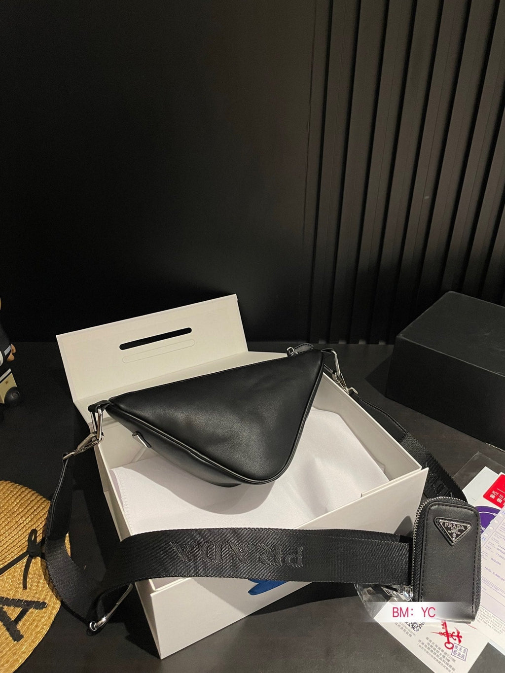 PRADA TRIANGLE 26 SHOULDER BAG IN BLACK CALFSKIN