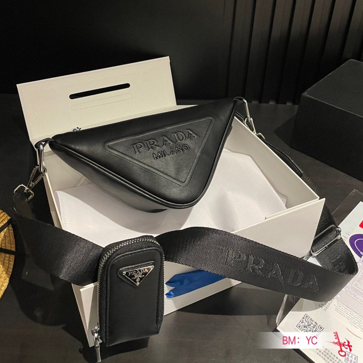 PRADA TRIANGLE 26 SHOULDER BAG IN BLACK CALFSKIN