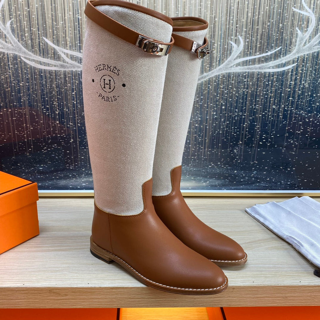 HERMES KNEE HIGH BOOTS IN BRONZE BROWN CALFSKIN AND WHITE FABRIC