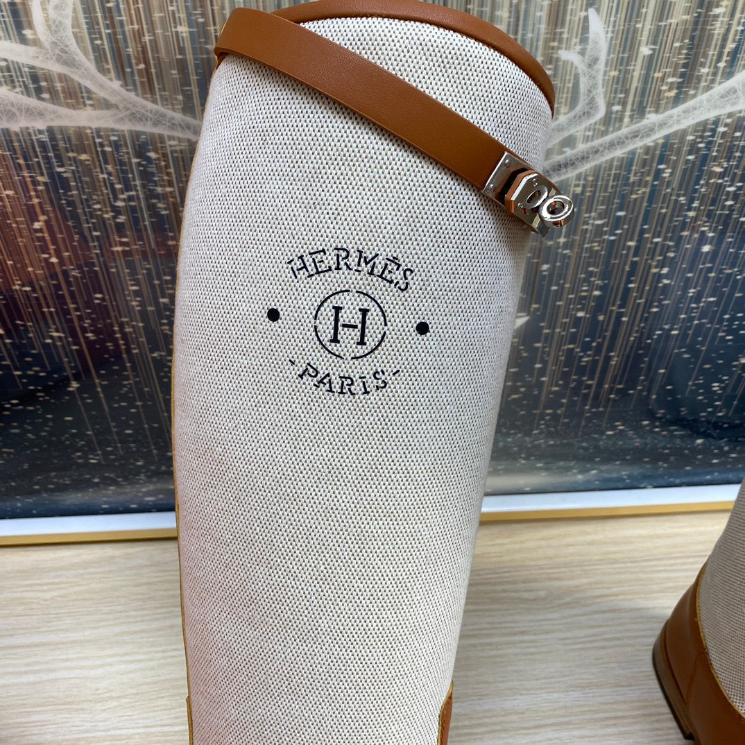 HERMES KNEE HIGH BOOTS IN BRONZE BROWN CALFSKIN AND WHITE FABRIC