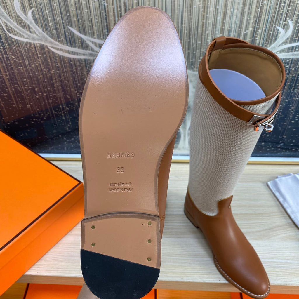 HERMES KNEE HIGH BOOTS IN BRONZE BROWN CALFSKIN AND WHITE FABRIC