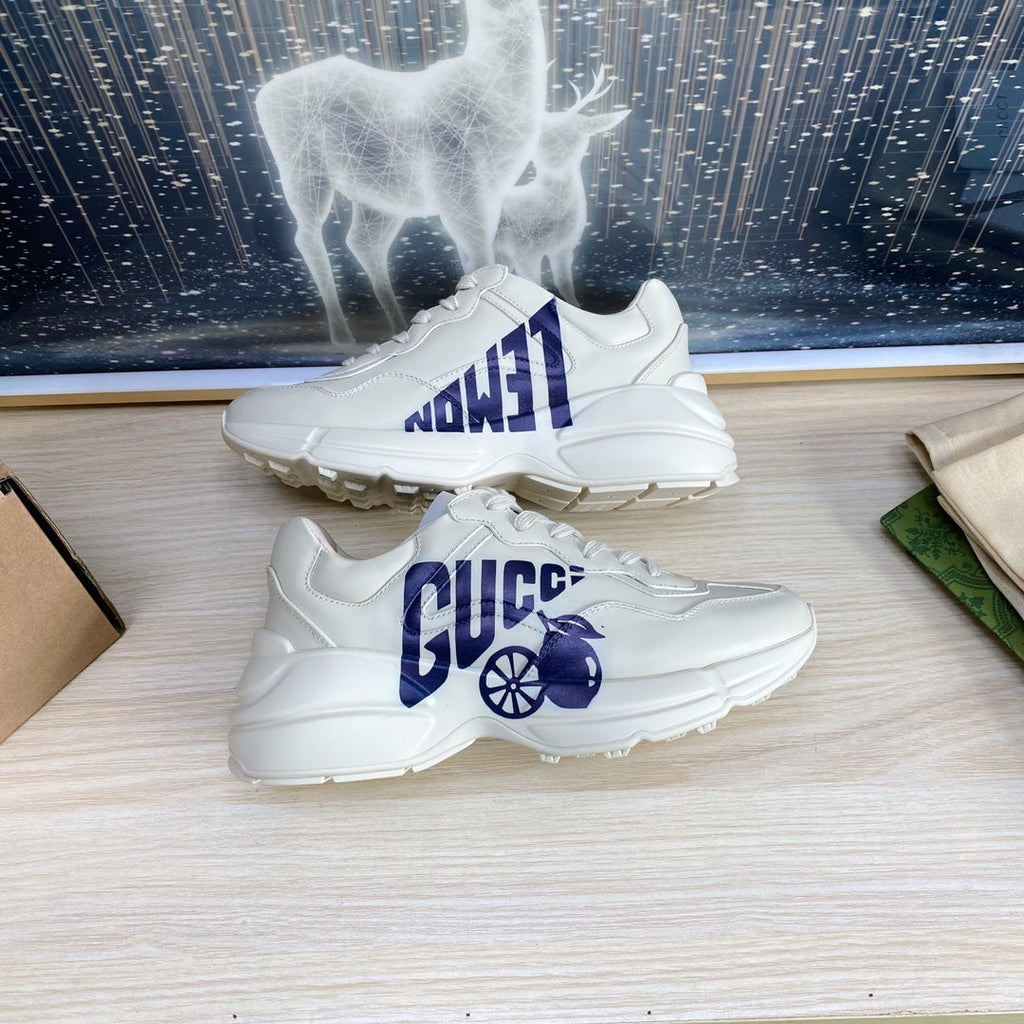 GUCCI COUPLE TRAINER WHITE CALFSKIN WITH LEMON ICON