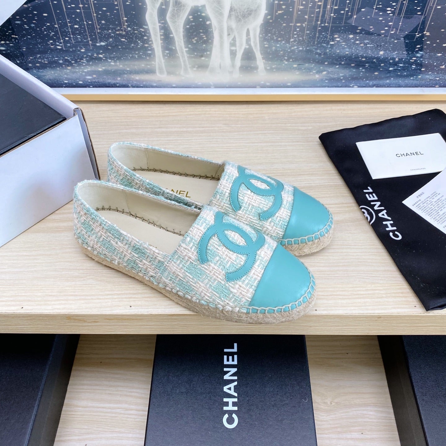 CHANEL ESPADRILLES PLATFORM IN PASTEL BLUE TWEED