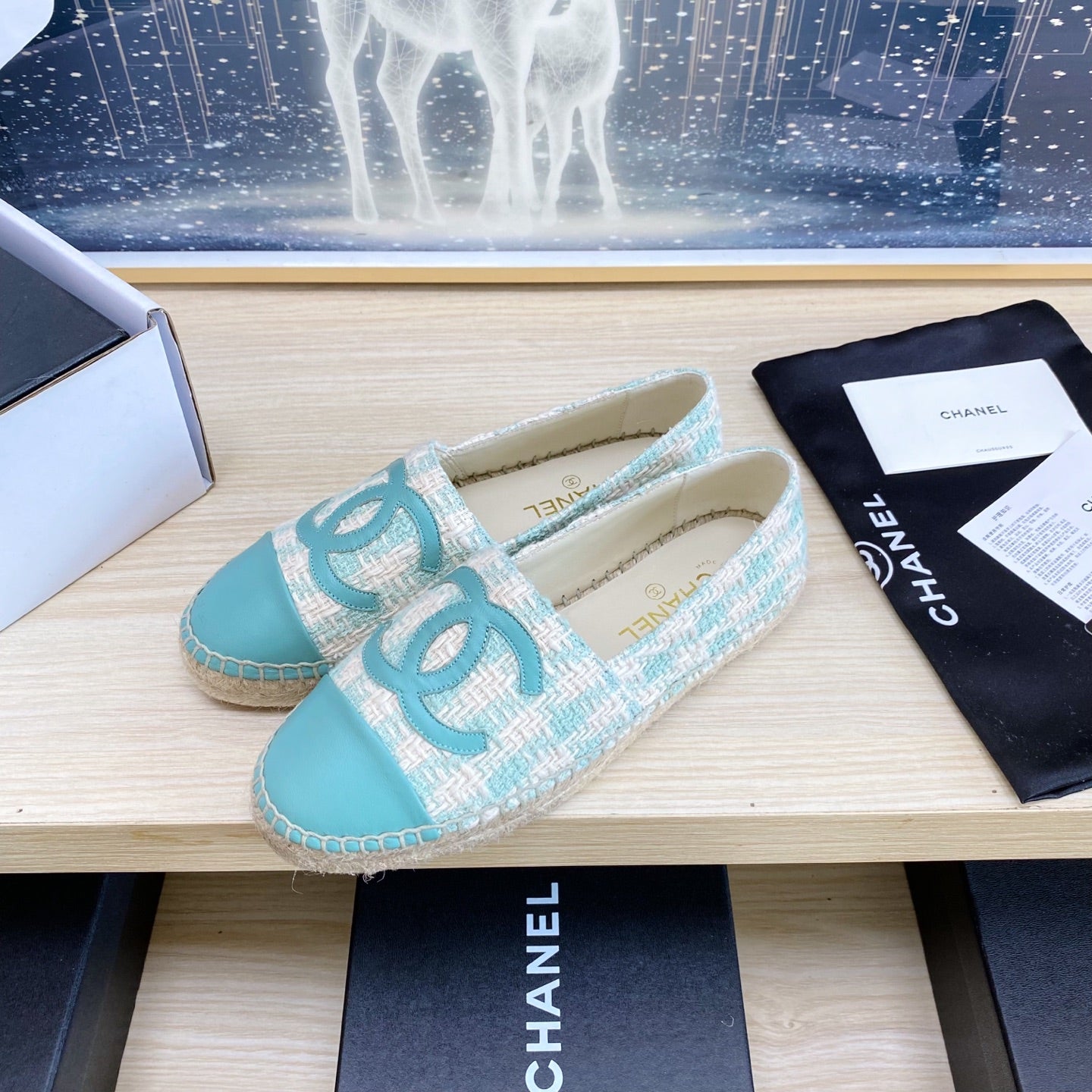 CHANEL ESPADRILLES PLATFORM IN PASTEL BLUE TWEED
