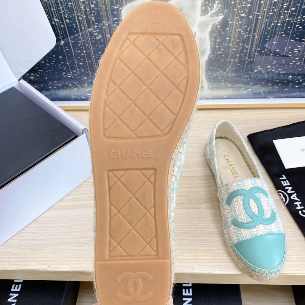 CHANEL ESPADRILLES PLATFORM IN PASTEL BLUE TWEED