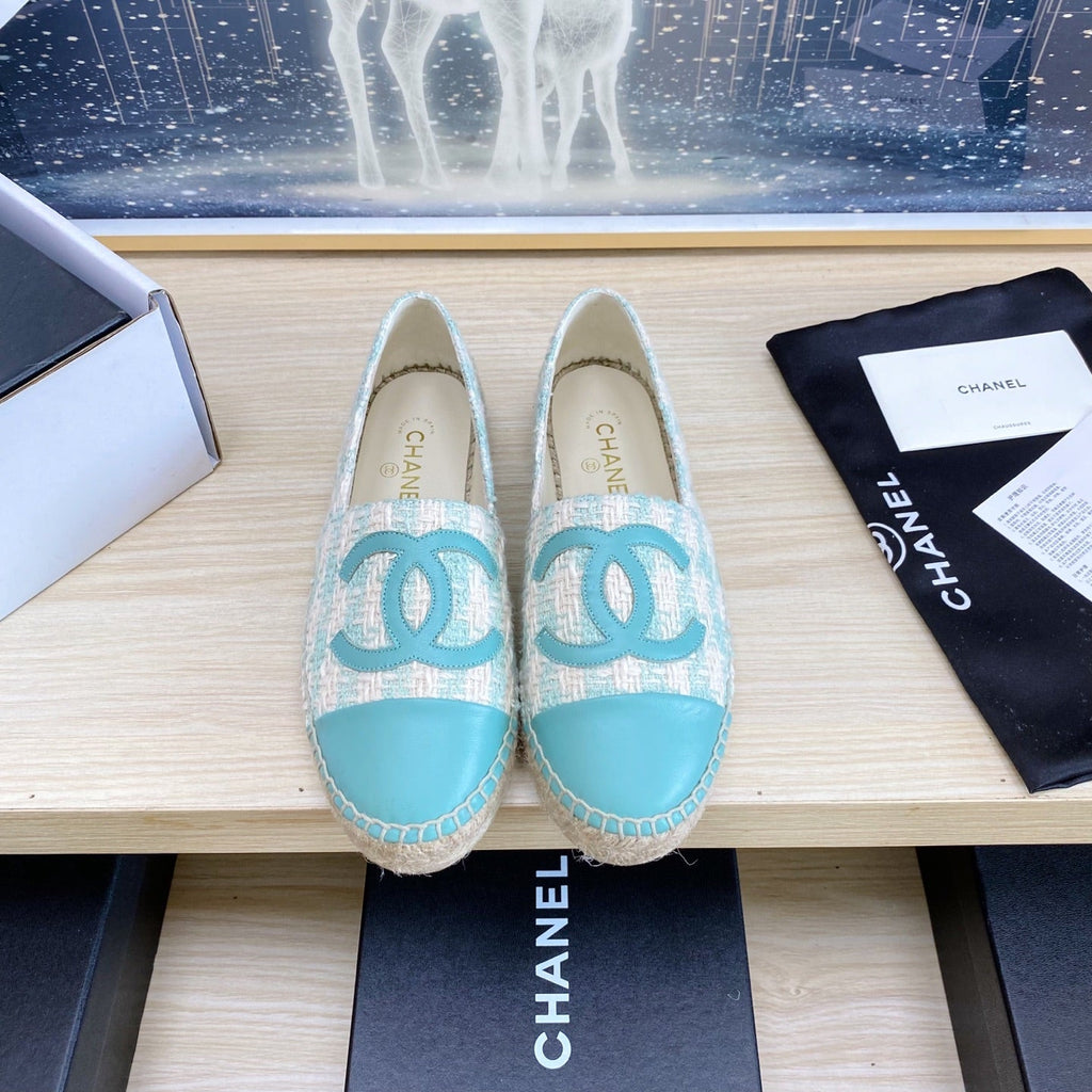 CHANEL ESPADRILLES PLATFORM IN PASTEL BLUE TWEED
