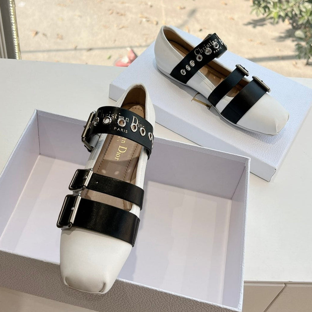 DIOR PUNK BALLET FLAT IN WHITE MIX BLACK SUPPLE CALFSKIN