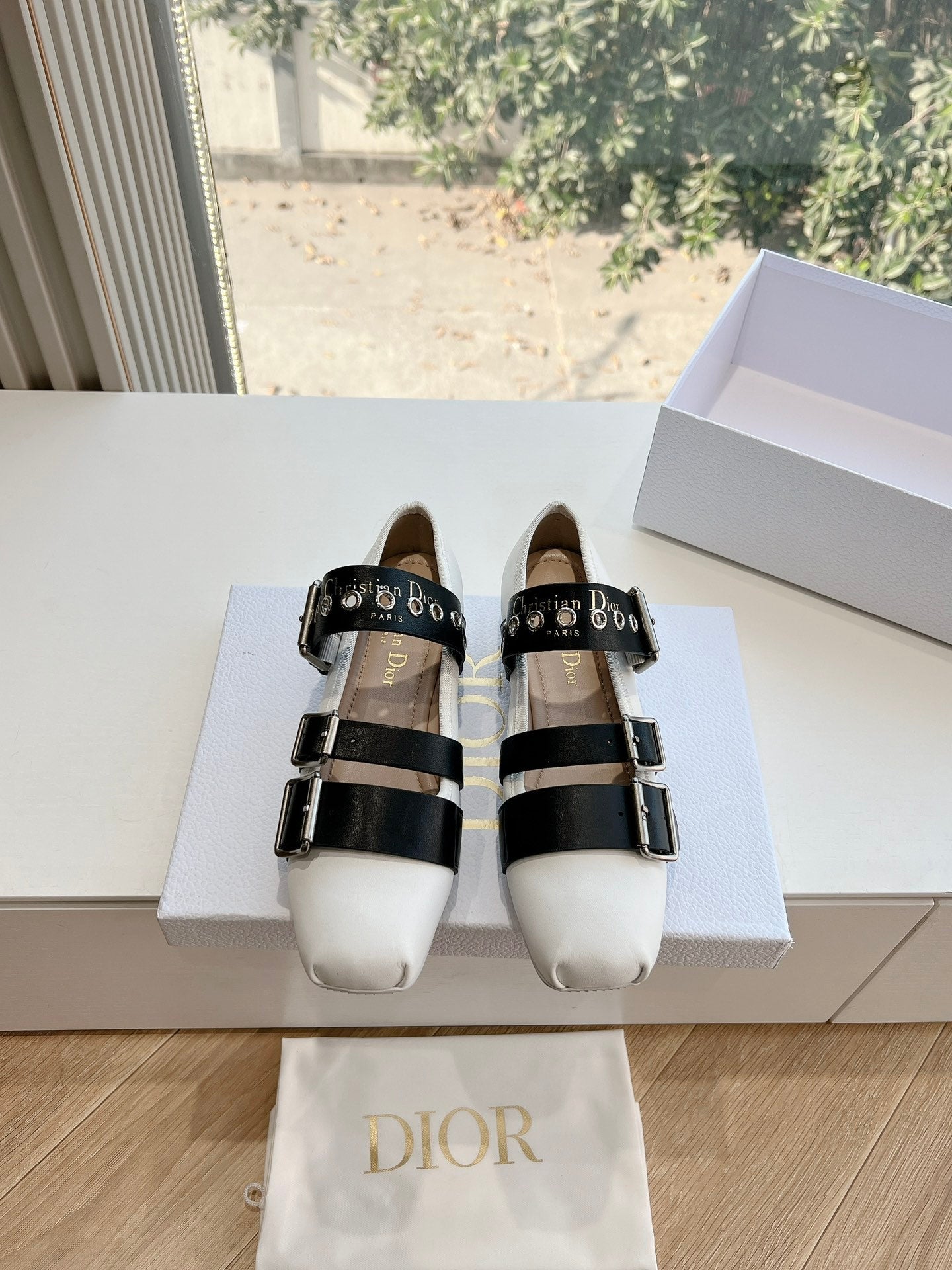 DIOR PUNK BALLET FLAT IN WHITE MIX BLACK SUPPLE CALFSKIN