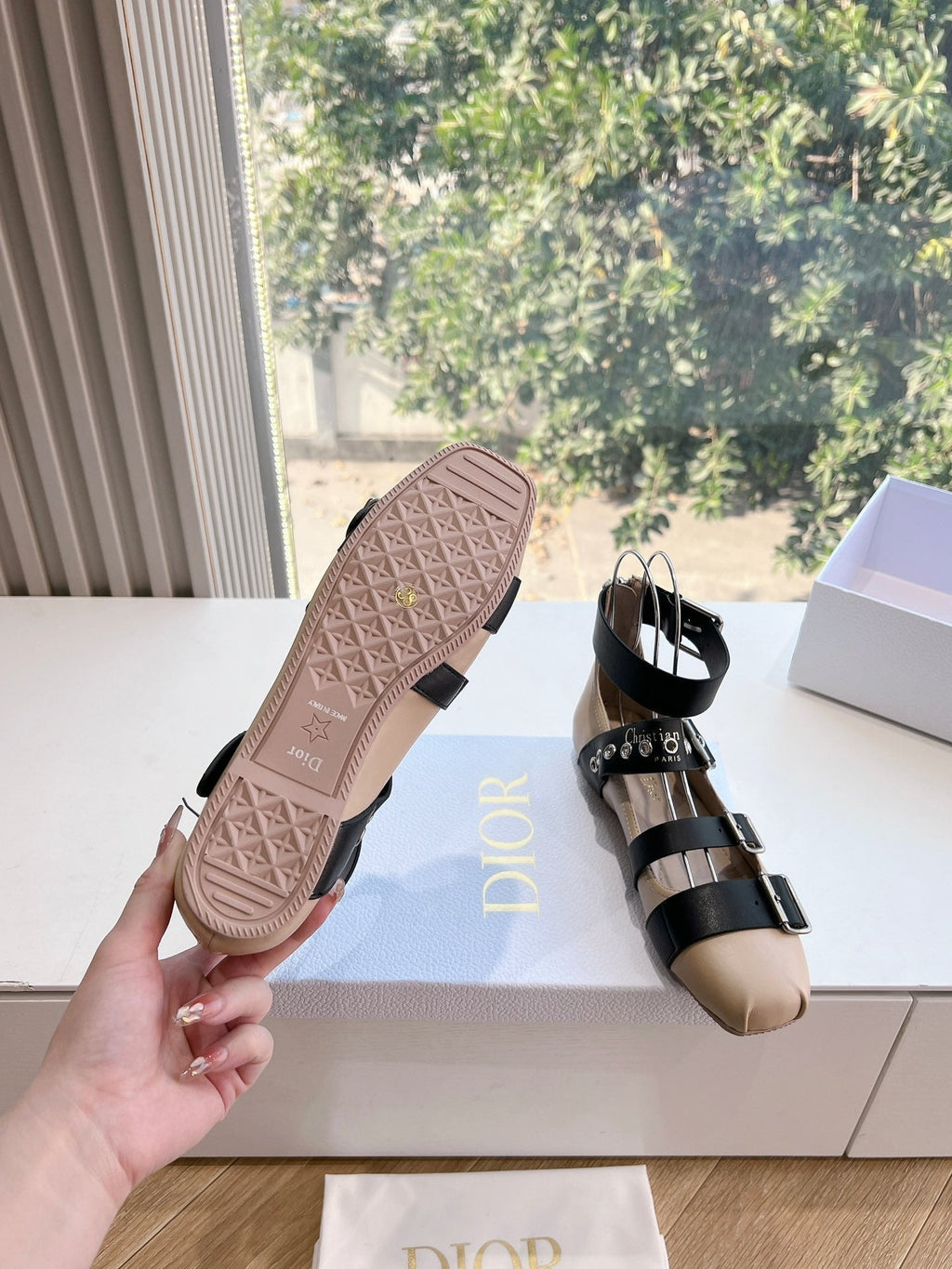 DIOR PUNK BALLET FLAT IN BLACK MIX CAMEL BEIGE CALFSKIN