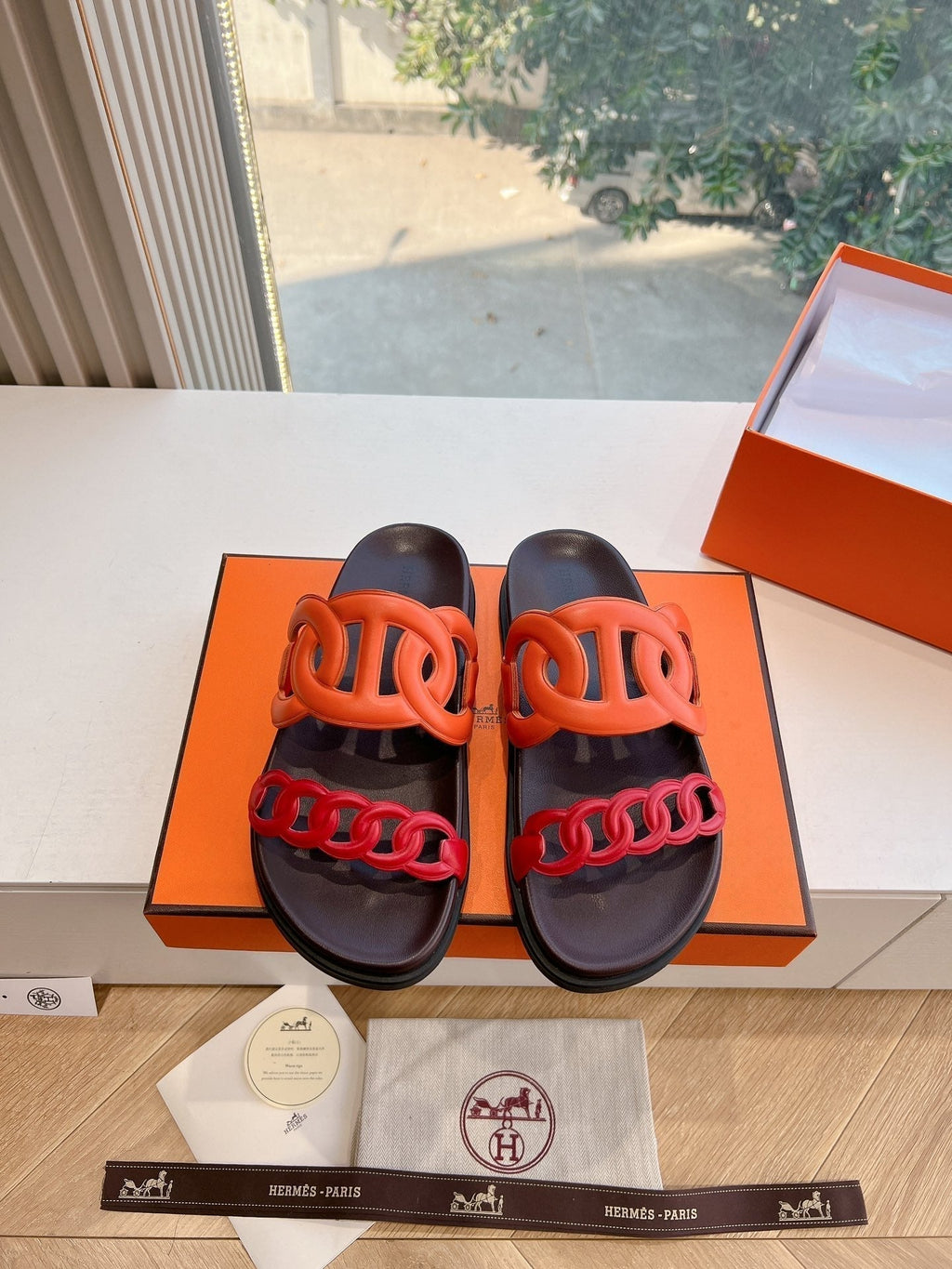 HERMES EXTRA SANDAL IN CHERRY RED MIX FIRE ORANGE CALFSKIN
