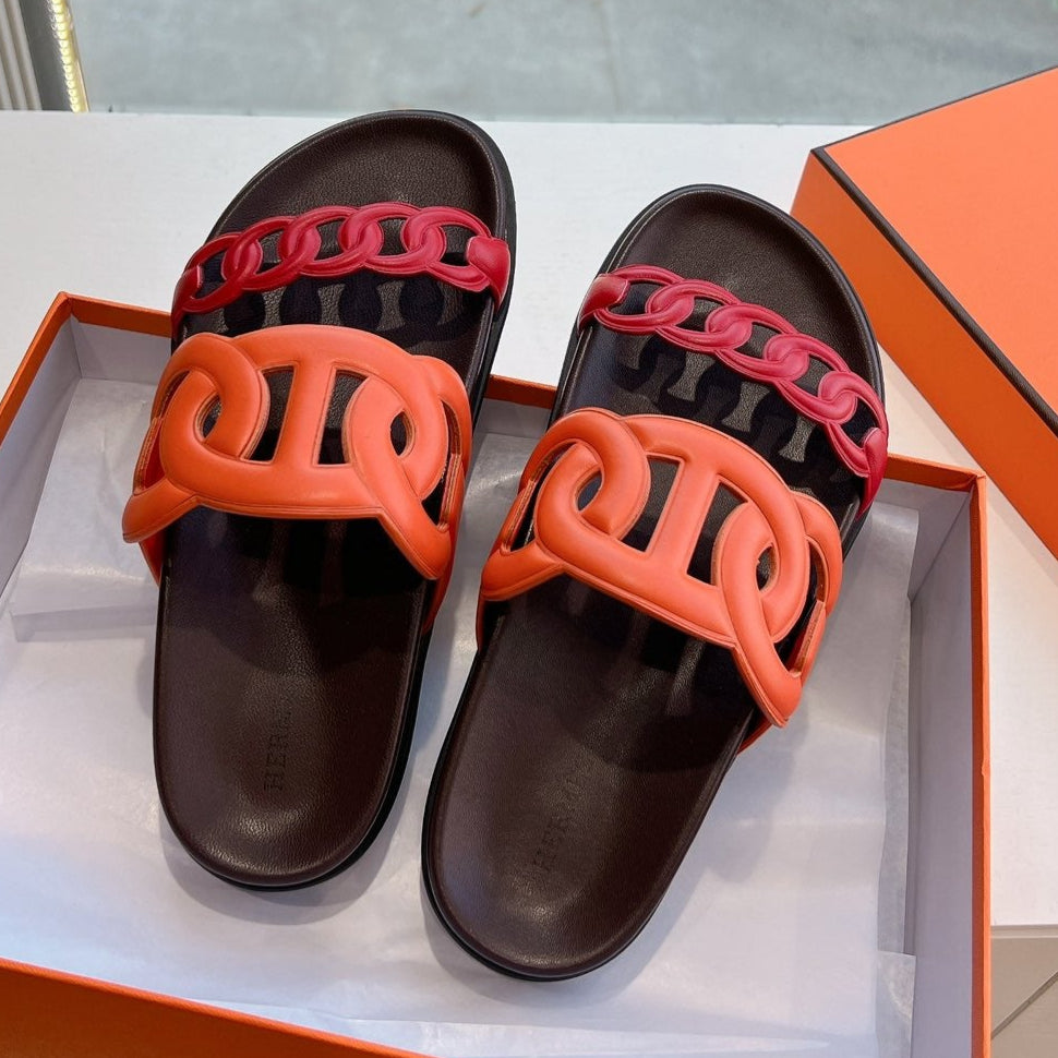 HERMES EXTRA SANDAL IN CHERRY RED MIX FIRE ORANGE CALFSKIN