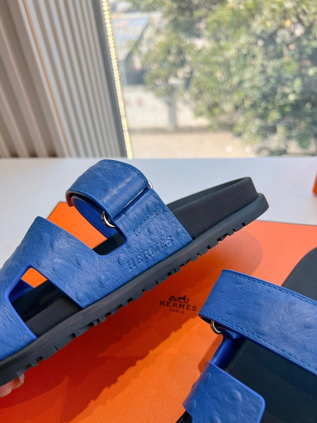 HERMES CHYPRE SANDAL IN COBALT BLUE GRAINED CALFSKIN