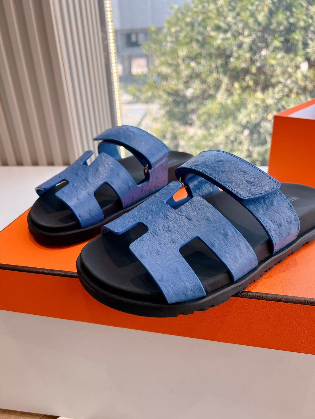HERMES CHYPRE SANDAL IN COBALT BLUE GRAINED CALFSKIN