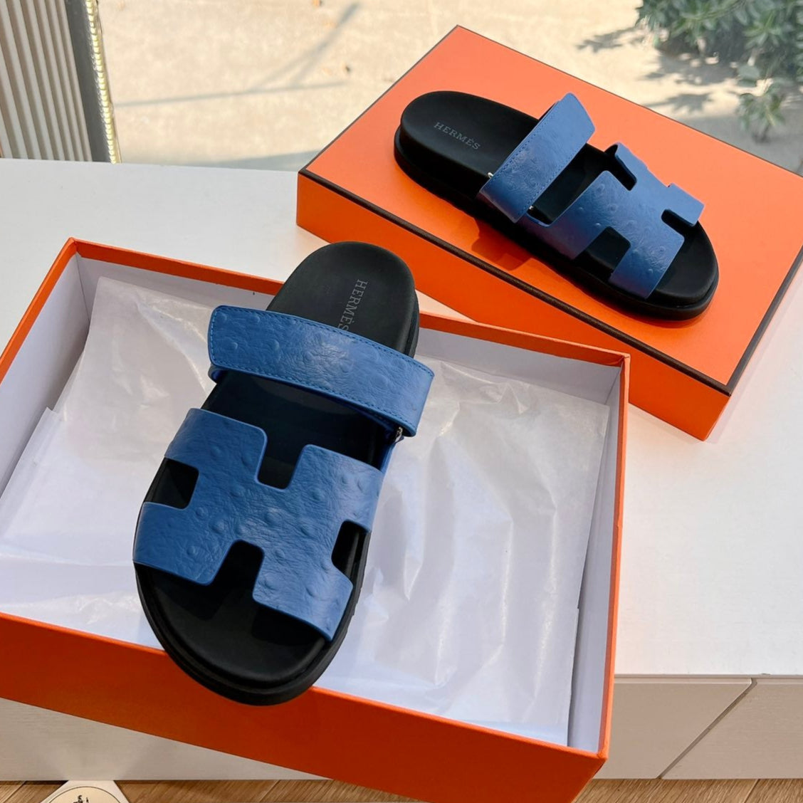 HERMES CHYPRE SANDAL IN COBALT BLUE GRAINED CALFSKIN