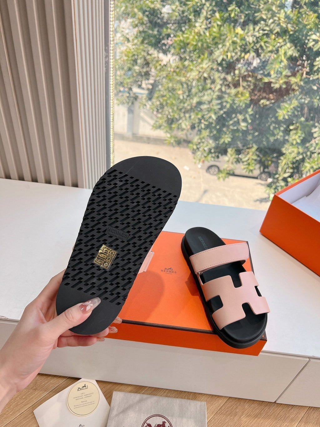 HERMES CHYPRE SANDAL IN LIGHT PINK CALFSKIN