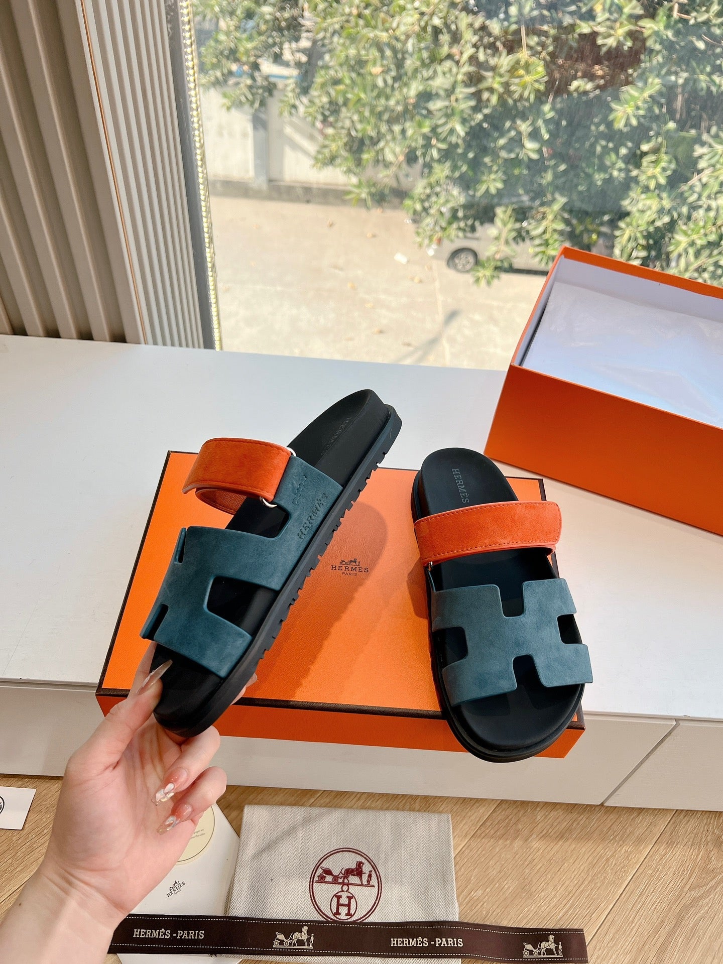 HERMES CHYPRE SANDAL IN TEAL GREEN MIX FIRE ORANGE SUEDE
