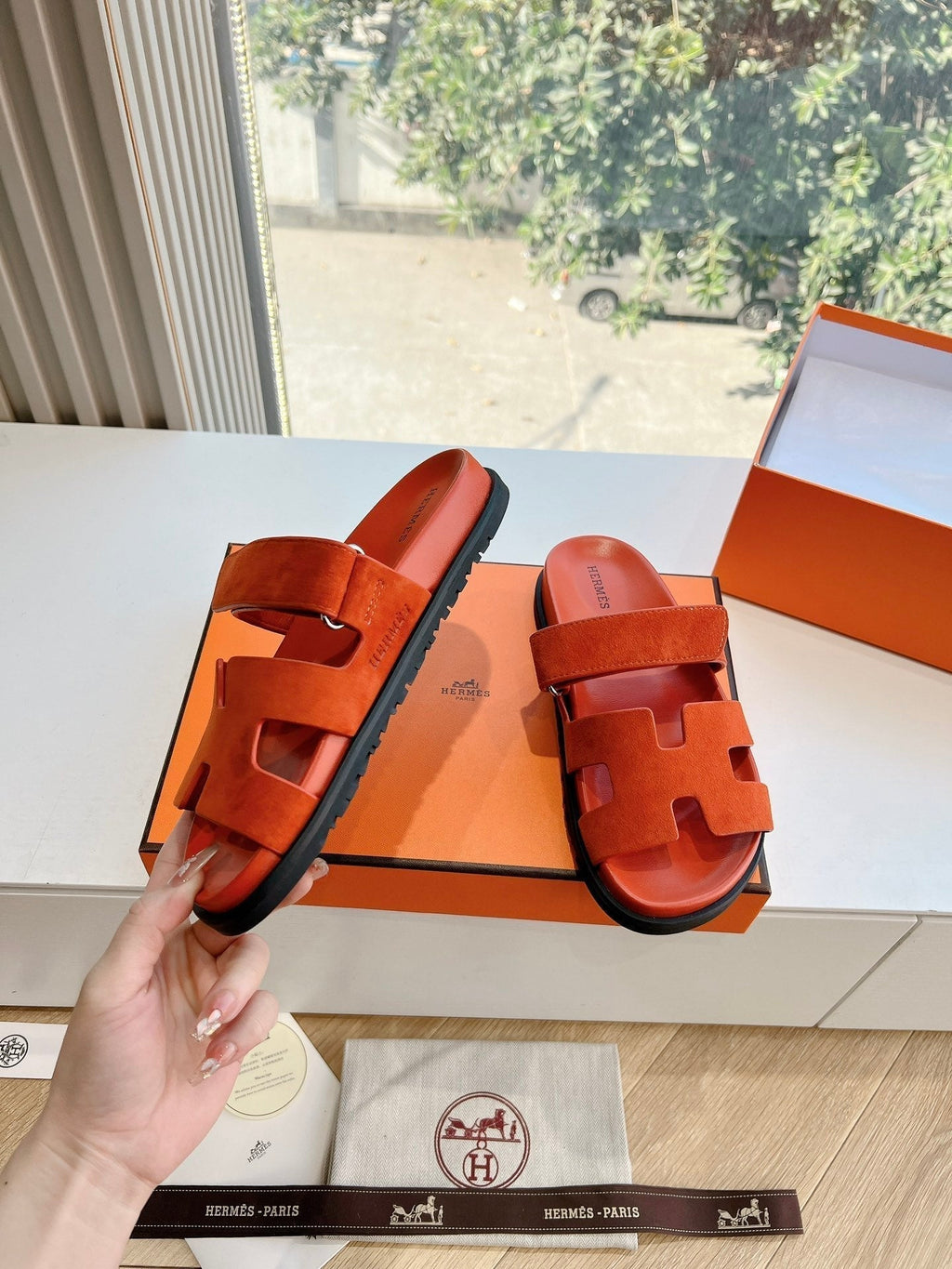 HERMES CHYPRE SANDAL IN FIRE ORANGE SUEDE