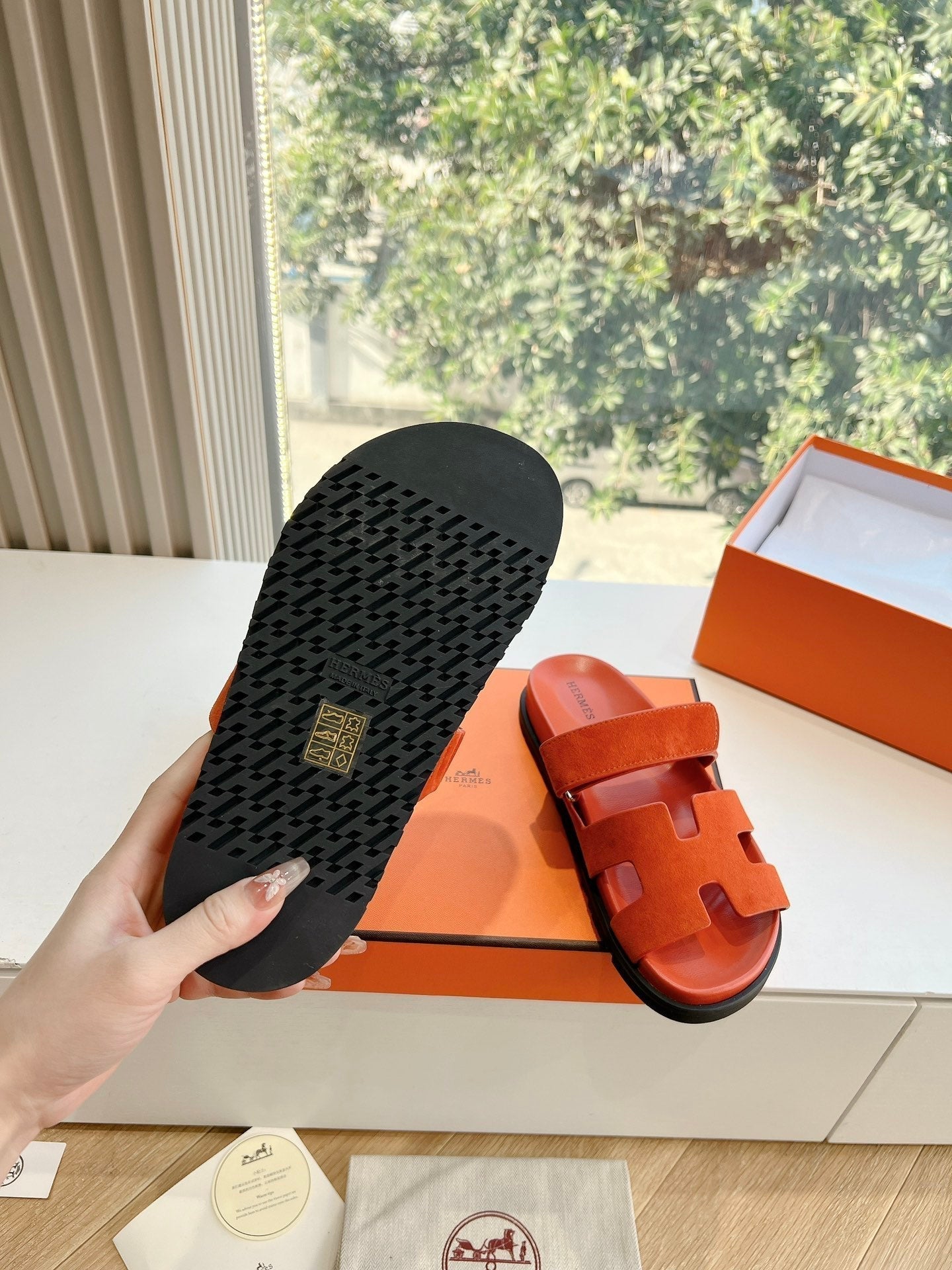 HERMES CHYPRE SANDAL IN FIRE ORANGE SUEDE