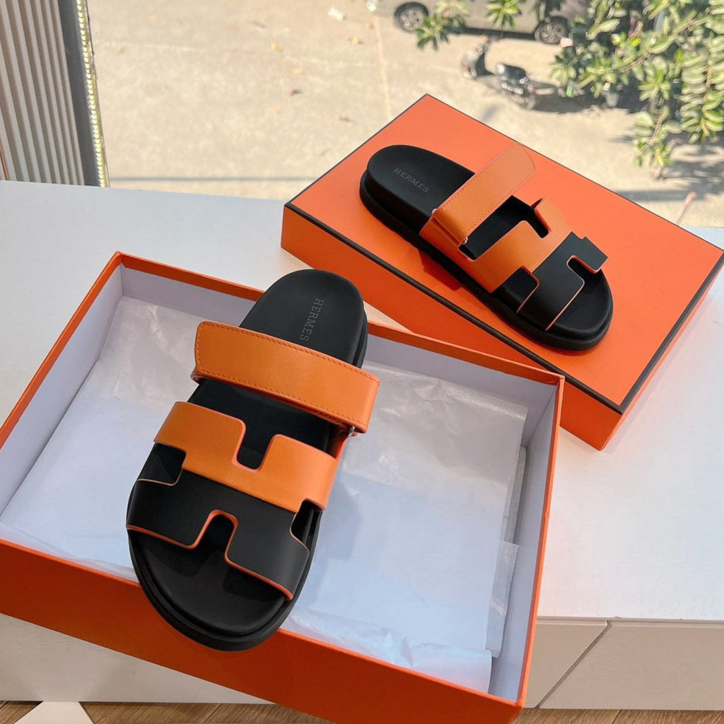HERMES CHYPRE SANDAL IN VIVID ORANGE MIX BLACK CALFSKIN