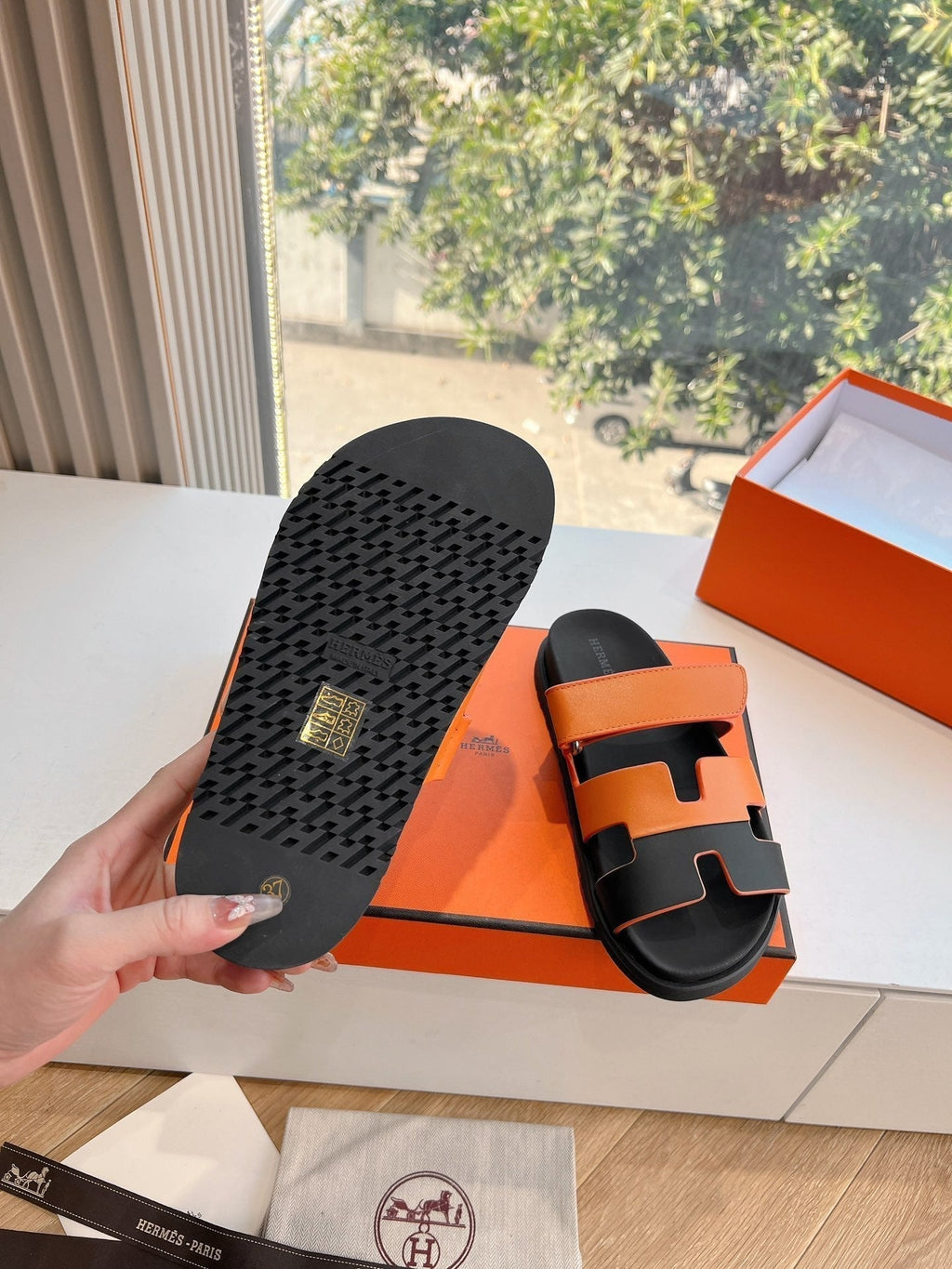 HERMES CHYPRE SANDAL IN VIVID ORANGE MIX BLACK CALFSKIN