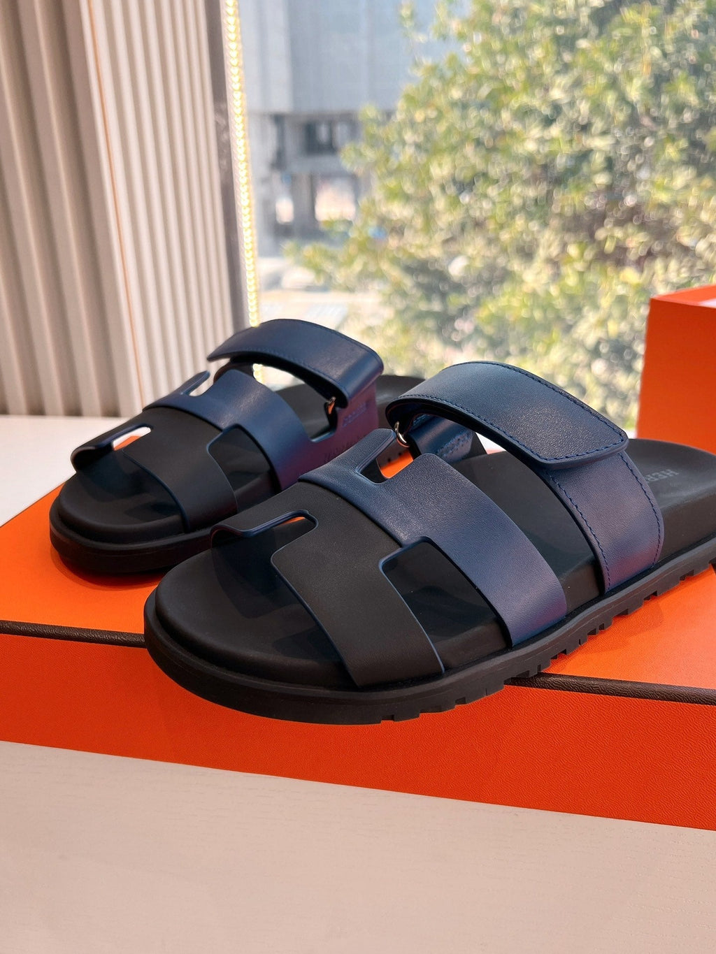 HERMES CHYPRE SANDAL IN AEGEAN BLUE MIX BLACK CALFSKIN