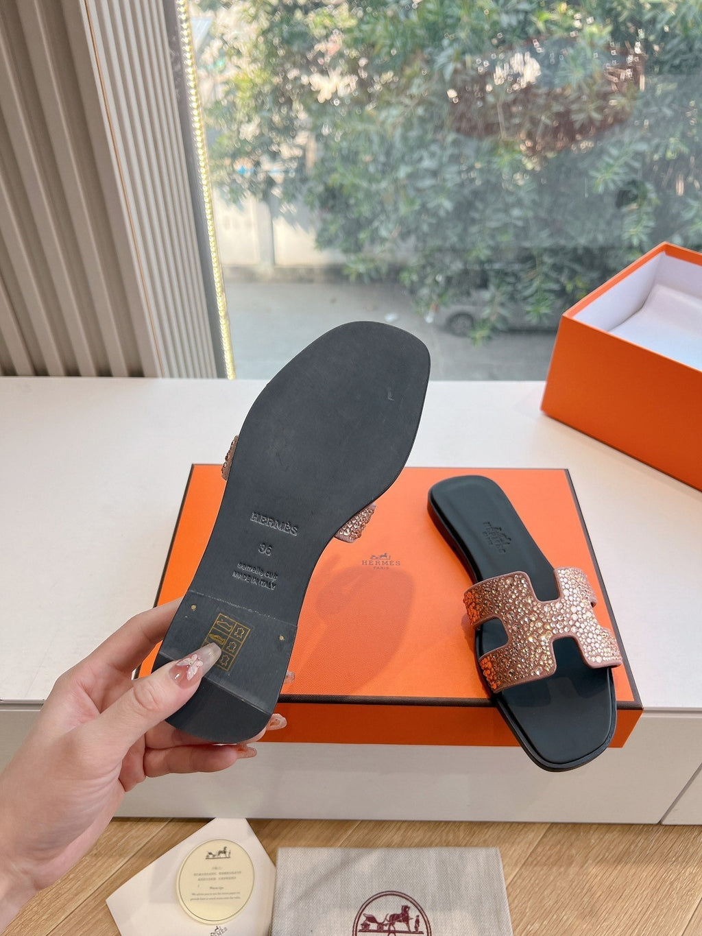 HERMES 0RAN SLIDE IN PENNY BROWN CALFSKIN WITH CRYSTALS