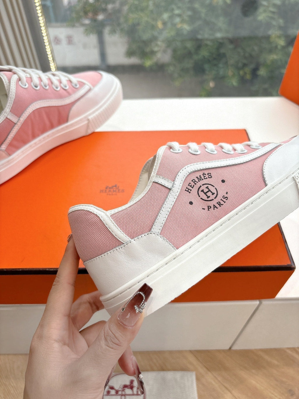 HERMES GET SNEAKER IN ROSE PINK MAXI CANVAS AND WHITE CALFSKIN