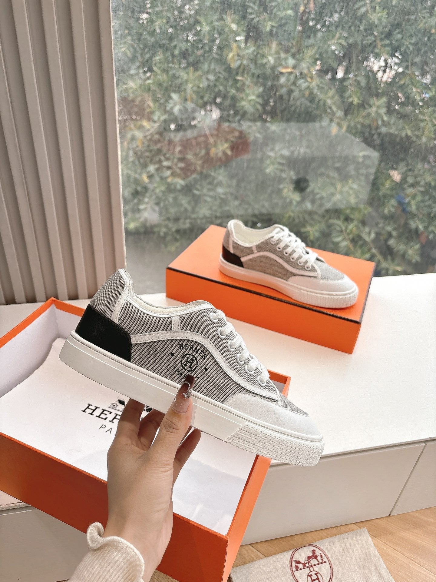 HERMES GET SNEAKER IN DOVE GRAY MAXI CANVAS AND CALFSKIN