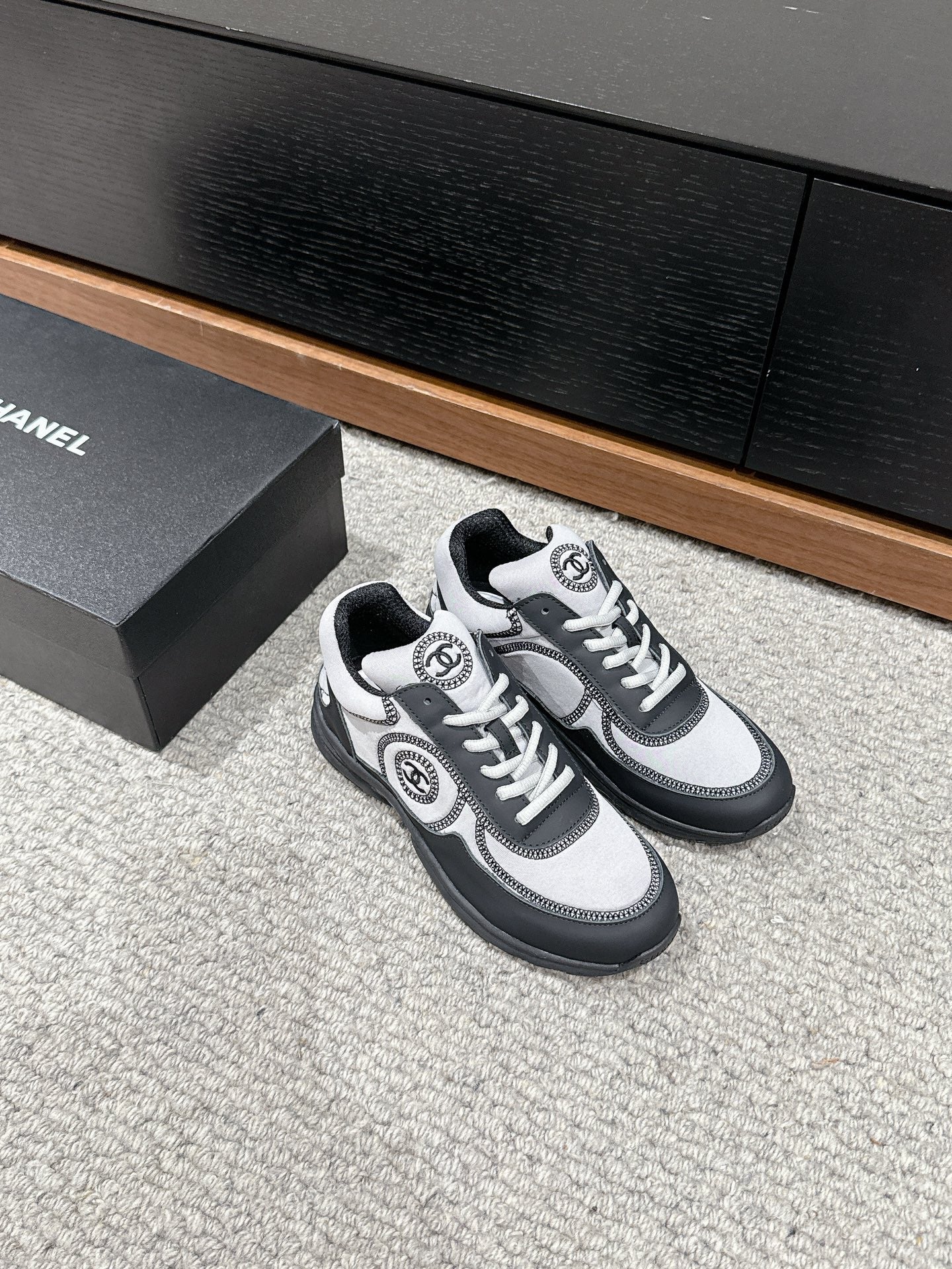 CHANEL CLASSIC TRAINER IN GREY MIX BLACK FABRIC